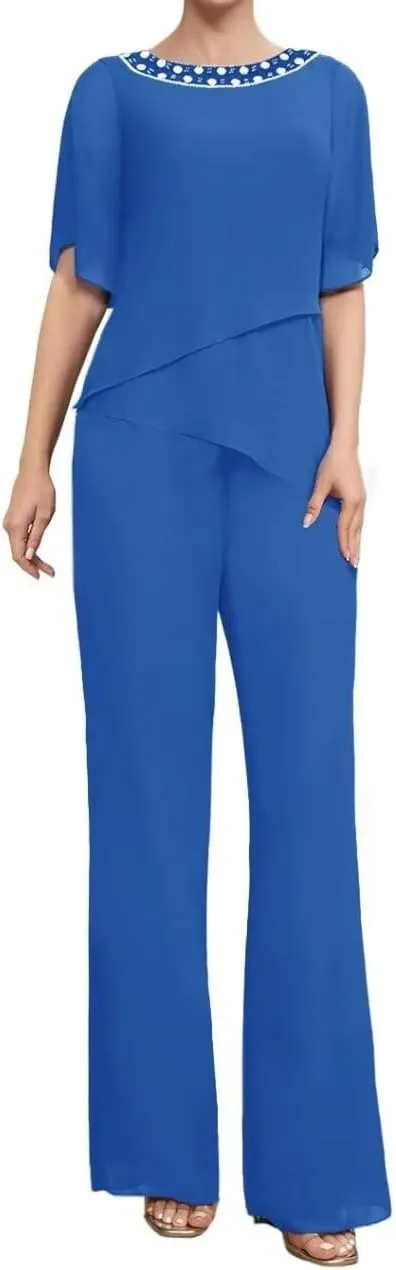 2 Pieces Mother of The Bride Pants Suits Short Sleeve Formal Outfits for Women Pantsuits for Wedding Guest