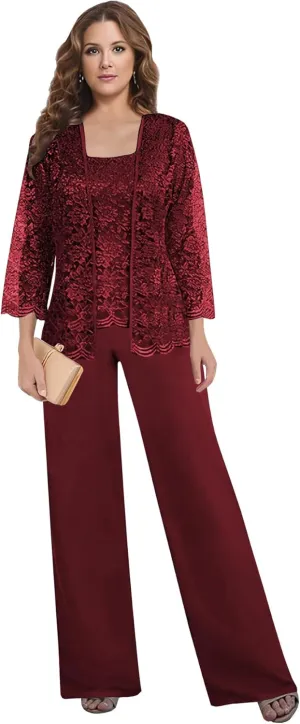 3 Pieces Mother of The Bride Pant Suits for Women Dressy with Jacket Long Sleeve Lace Chiffon Formal Wedding Outfit