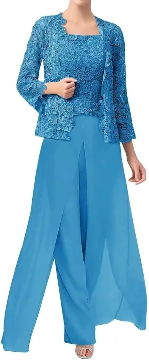 3 Pieces Mother of The Bride Pants Suits Formal Dress Lace Appliques Evening Gowns for Women with Jacket