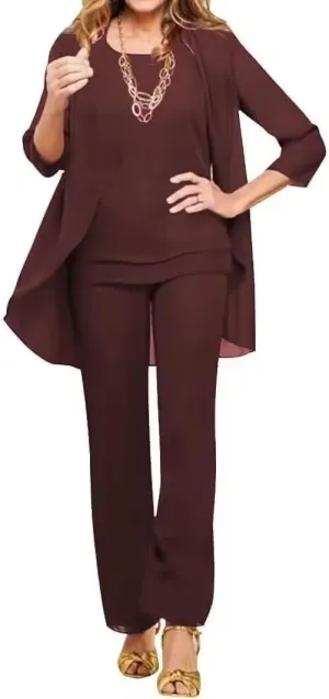 3 Pieces Pant Suits for Women Dressy Wedding Chiffon Mother of The Bride Pantsuits 3/4 Sleeves Formal Outfit Sets