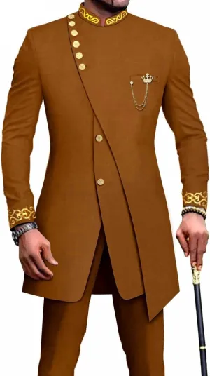 African Suits for Men Slim Fit 2 Piece Suits Formal Wedding Prom Suit Embroidery Chain Blazer Pants Set