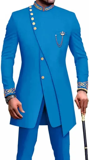 African Suits for Men Slim Fit 2 Piece Suits Formal Wedding Prom Suit Embroidery Chain Blazer Pants Set