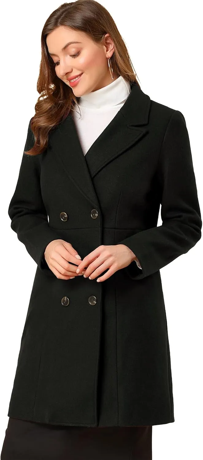 Allegra K Women's Notched Lapel Double Breasted Outwear Winter Long Coat