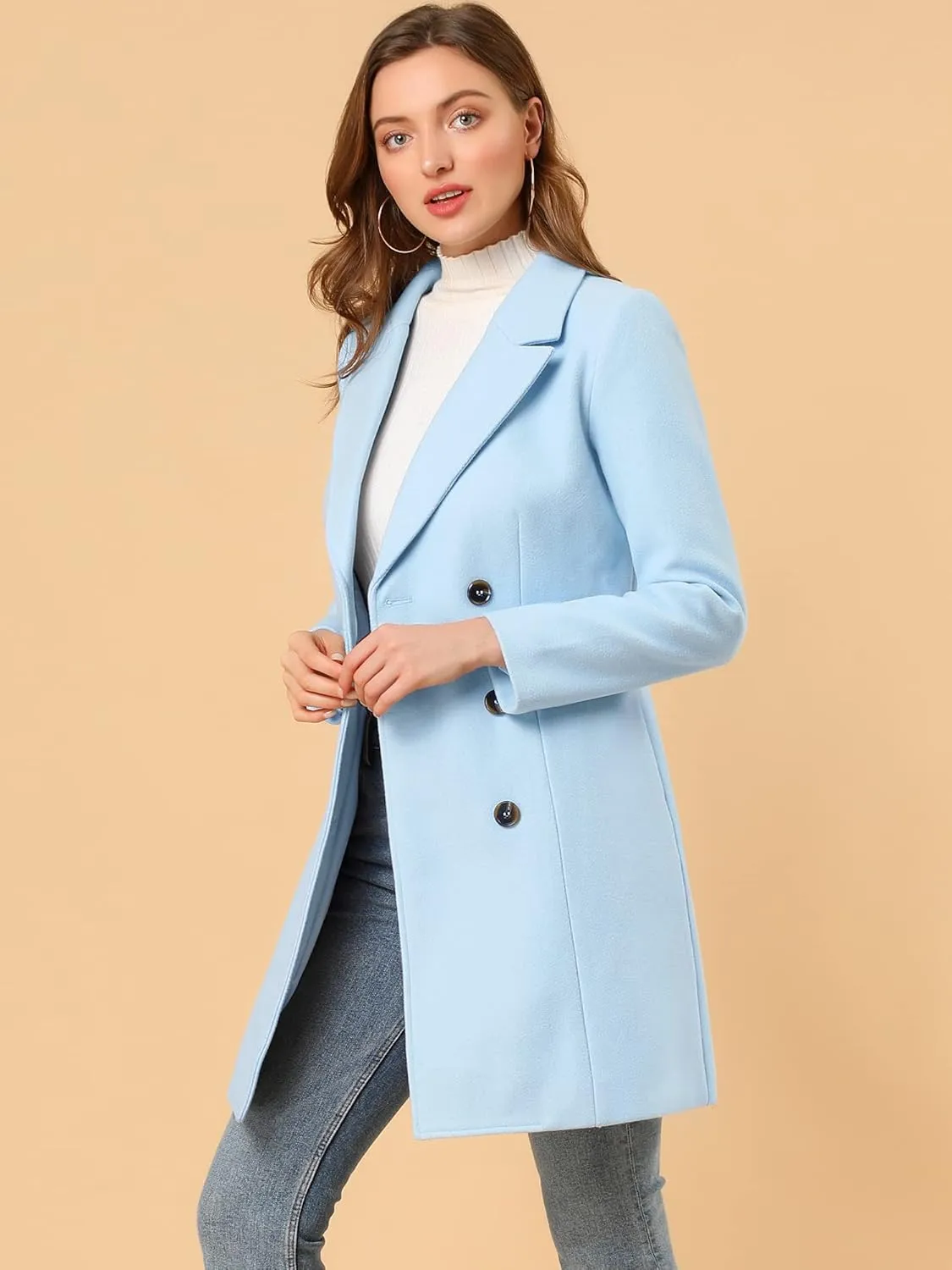 Allegra K Women's Notched Lapel Double Breasted Outwear Winter Long Coat