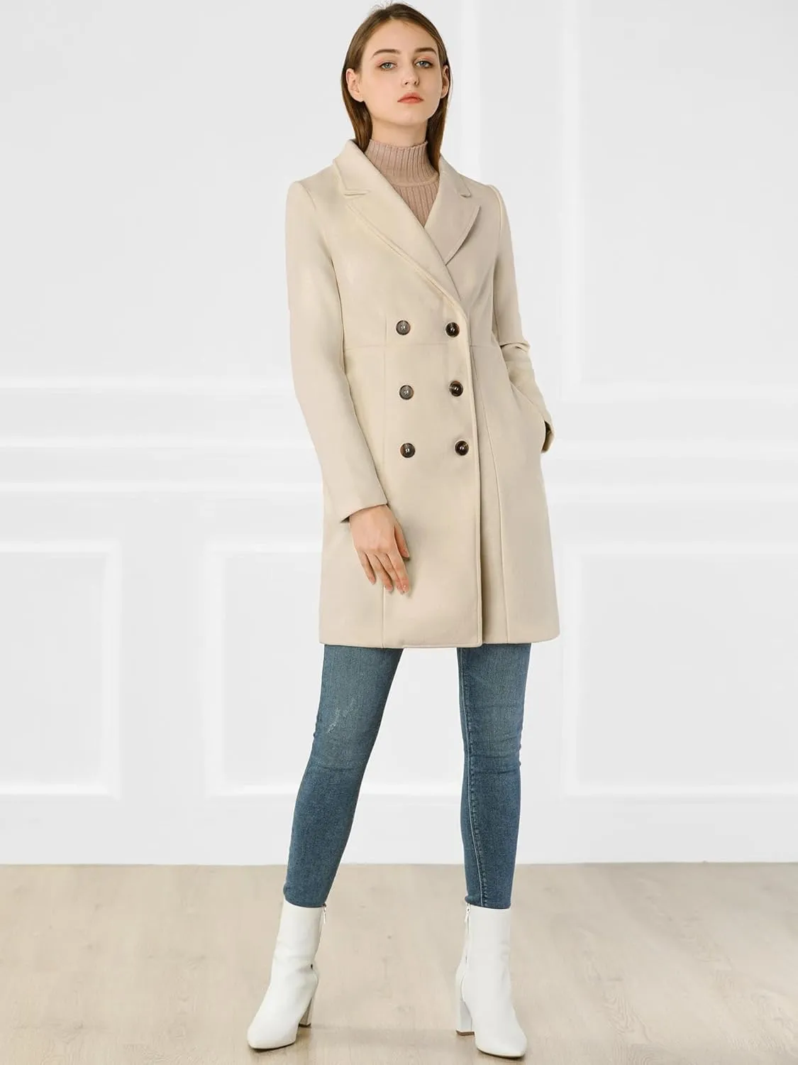 Allegra K Women's Notched Lapel Double Breasted Outwear Winter Long Coat