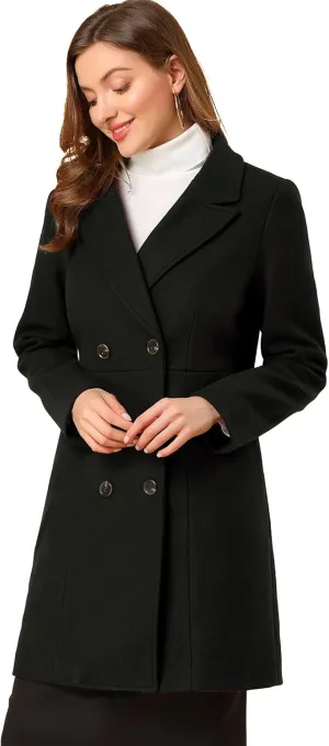 Allegra K Women's Notched Lapel Double Breasted Outwear Winter Long Coat