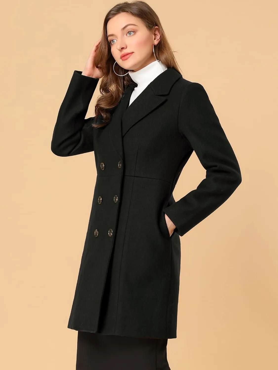 Allegra K Women's Notched Lapel Double Breasted Outwear Winter Long Coat