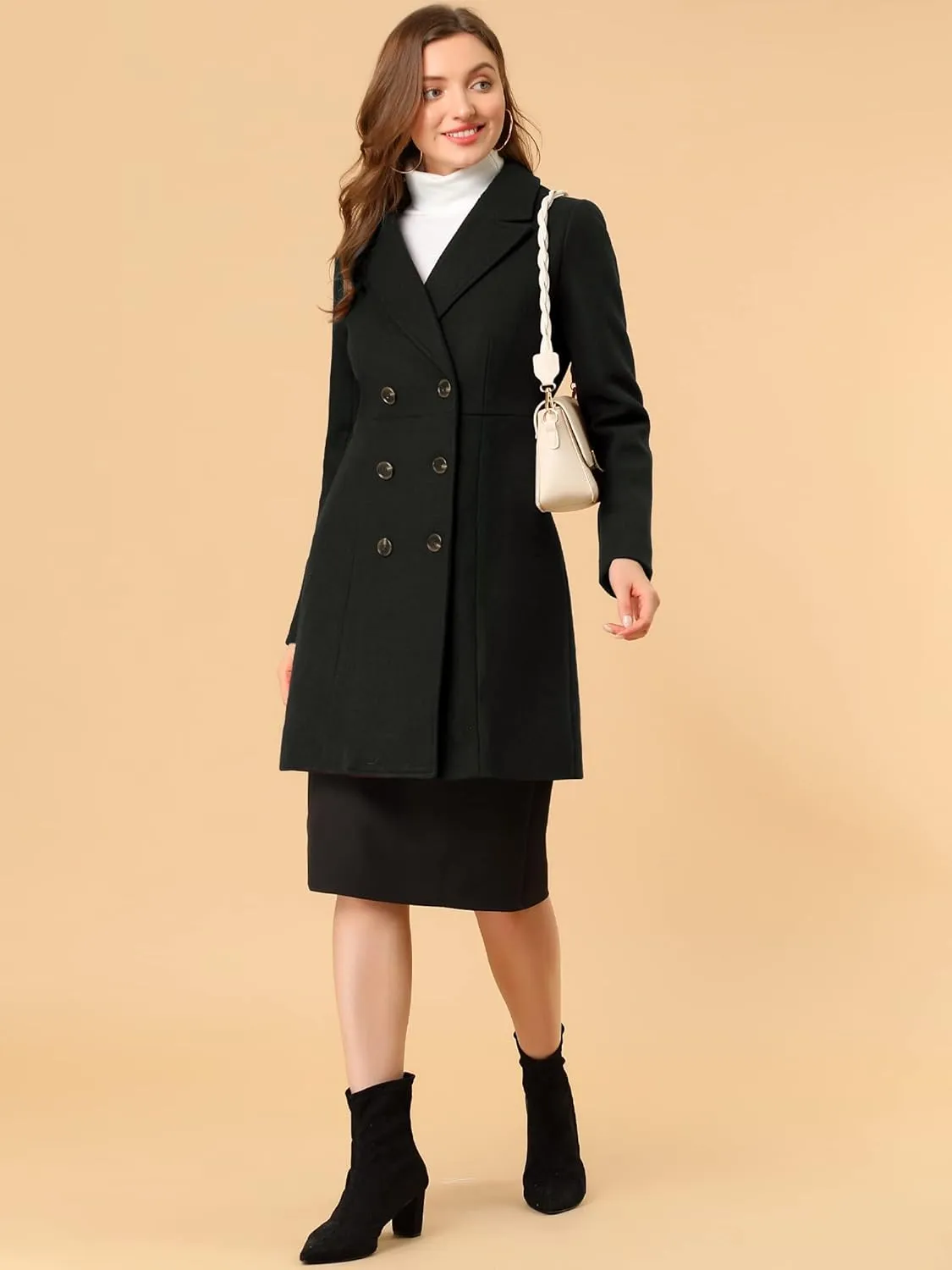 Allegra K Women's Notched Lapel Double Breasted Outwear Winter Long Coat