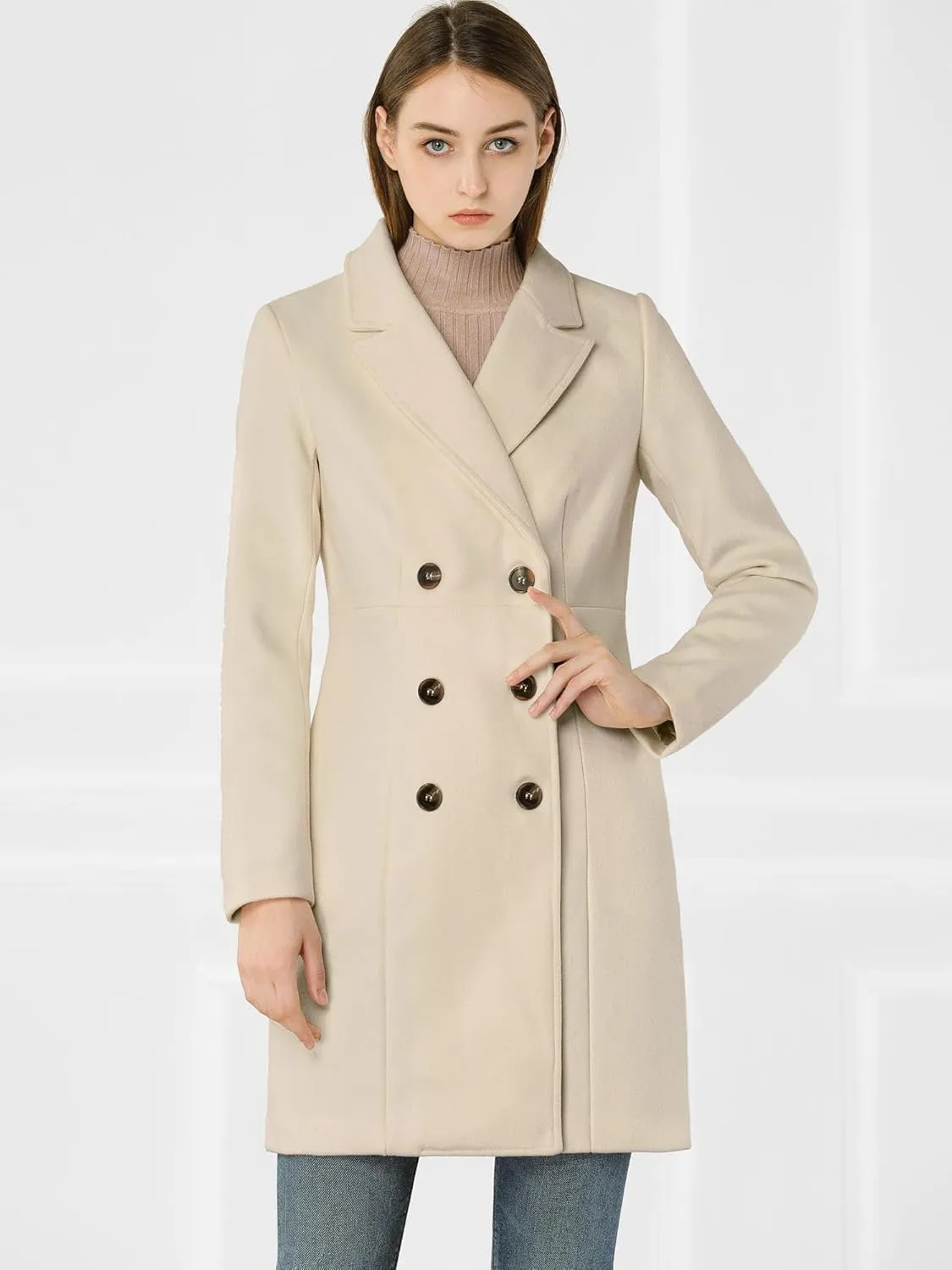 Allegra K Women's Notched Lapel Double Breasted Outwear Winter Long Coat