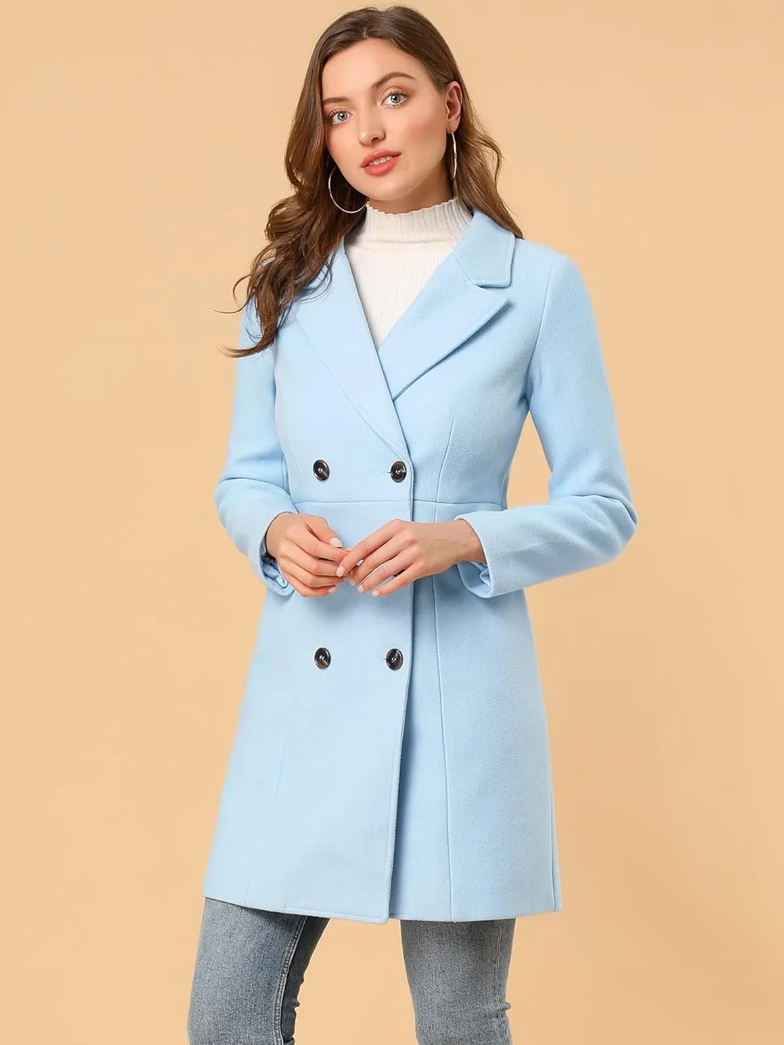 Allegra K Women's Notched Lapel Double Breasted Outwear Winter Long Coat
