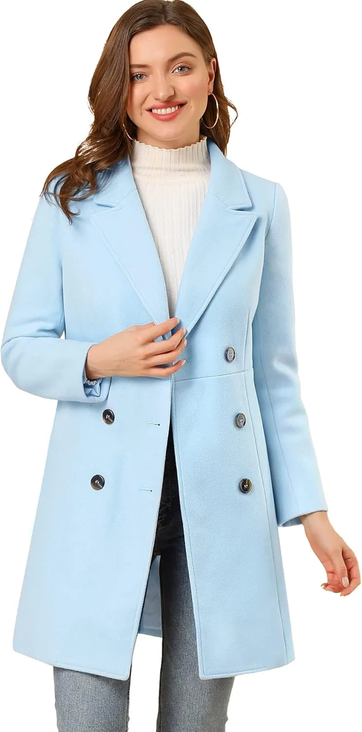 Allegra K Women's Notched Lapel Double Breasted Outwear Winter Long Coat