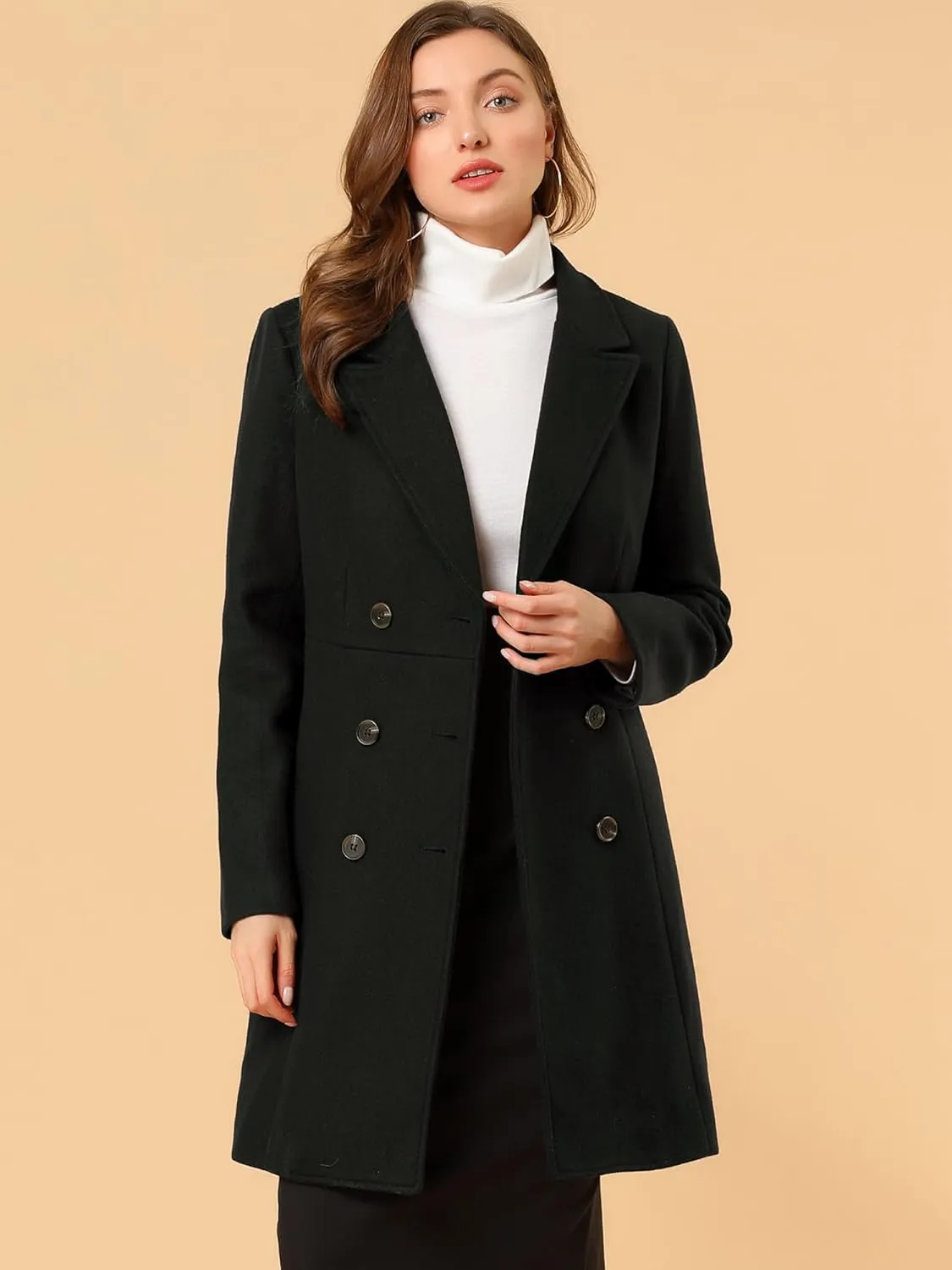 Allegra K Women's Notched Lapel Double Breasted Outwear Winter Long Coat