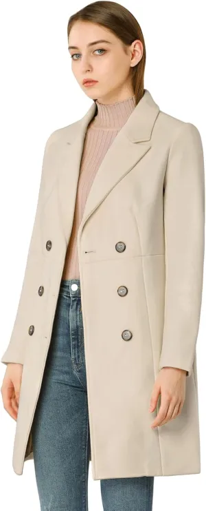 Allegra K Women's Notched Lapel Double Breasted Outwear Winter Long Coat