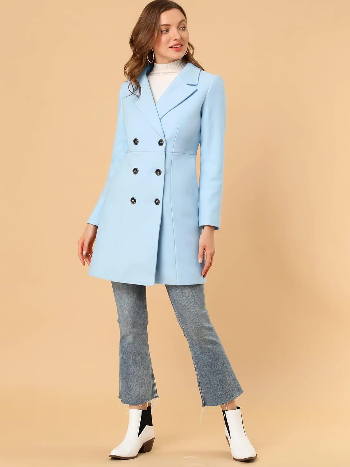 Allegra K Women's Notched Lapel Double Breasted Outwear Winter Long Coat