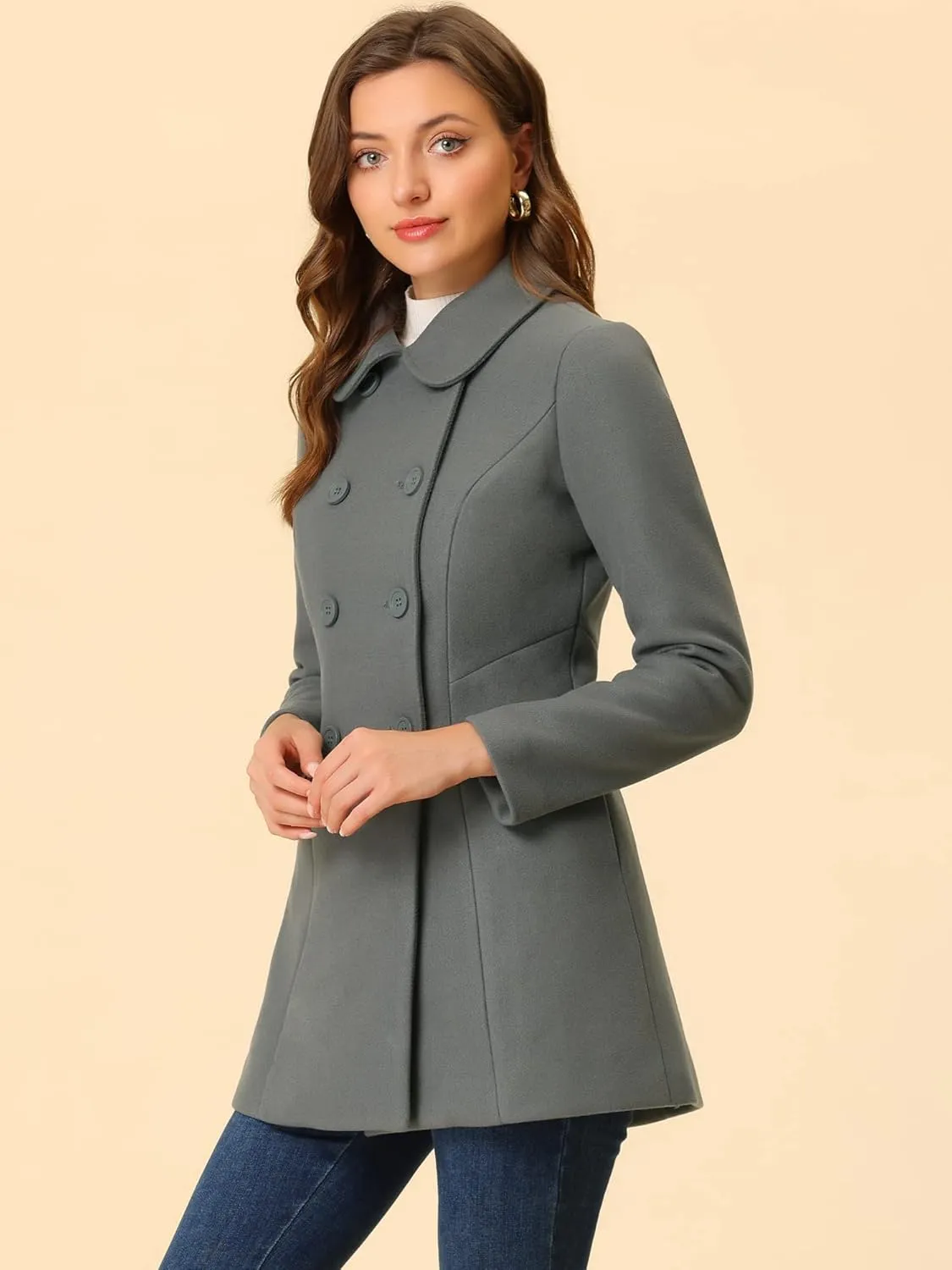 Allegra K Women's Peter Pan Collar Double Breasted Winter Long Trench Pea Coat