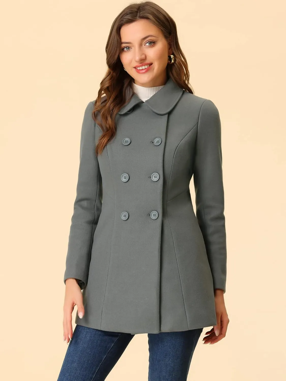 Allegra K Women's Peter Pan Collar Double Breasted Winter Long Trench Pea Coat