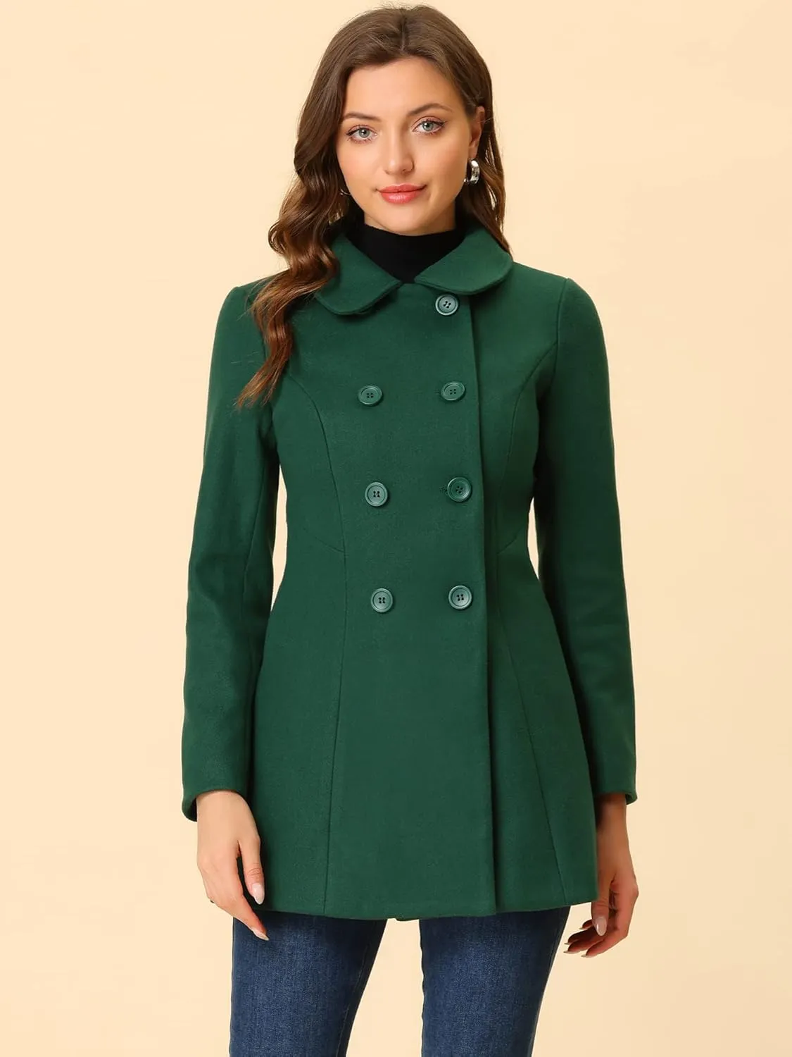 Allegra K Women's Peter Pan Collar Double Breasted Winter Long Trench Pea Coat