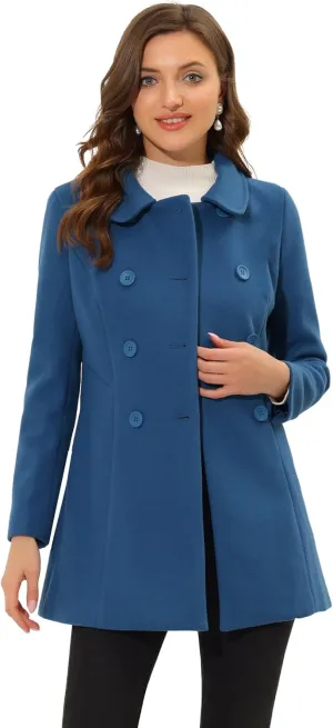 Allegra K Women's Peter Pan Collar Double Breasted Winter Long Trench Pea Coat
