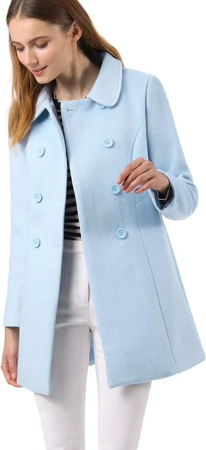 Allegra K Women's Peter Pan Collar Double Breasted Winter Long Trench Pea Coat