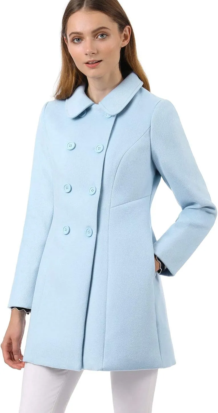 Allegra K Women's Peter Pan Collar Double Breasted Winter Long Trench Pea Coat