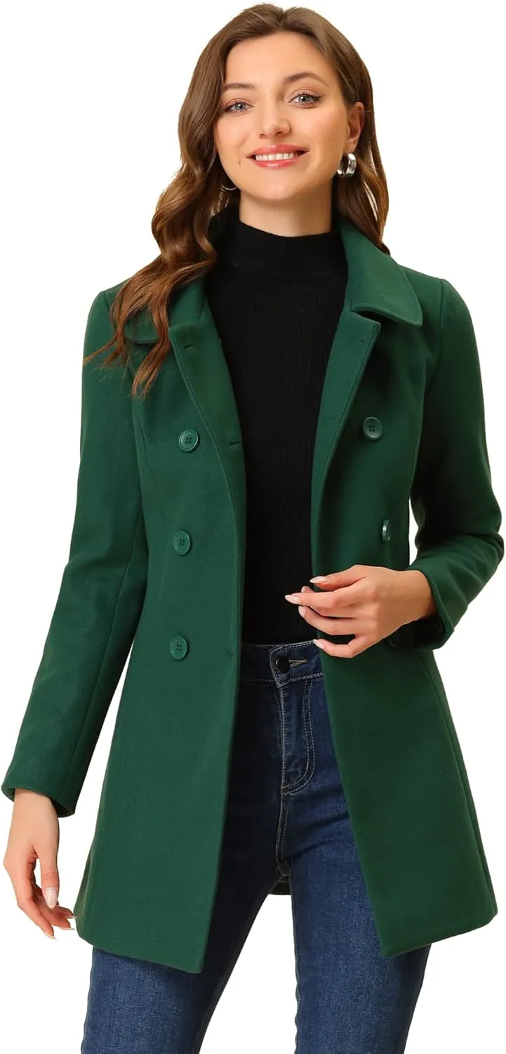 Allegra K Women's Peter Pan Collar Double Breasted Winter Long Trench Pea Coat