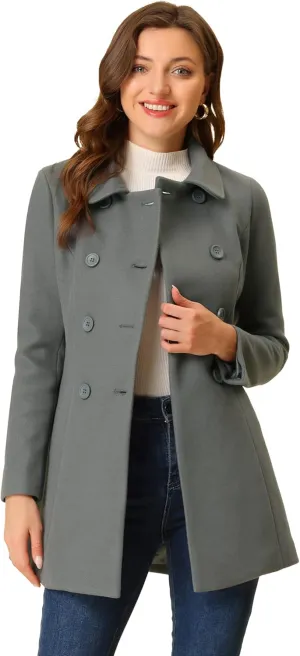 Allegra K Women's Peter Pan Collar Double Breasted Winter Long Trench Pea Coat