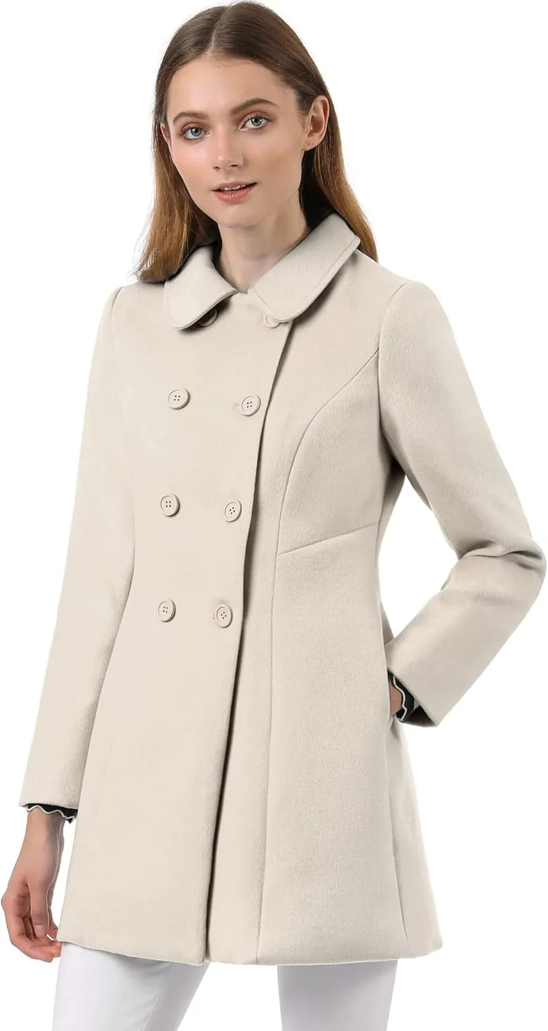 Allegra K Women's Peter Pan Collar Double Breasted Winter Long Trench Pea Coat