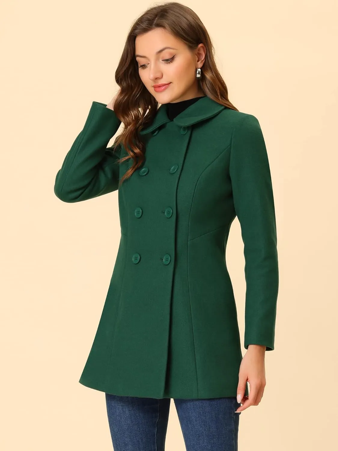Allegra K Women's Peter Pan Collar Double Breasted Winter Long Trench Pea Coat