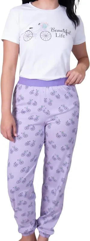 Amanda Blu Womens 2-Piece Pajama Set | Bicycle Beautiful Life Top & Joggers Soft Essential Cotton Sleep & Loungewear | Gifts for Women