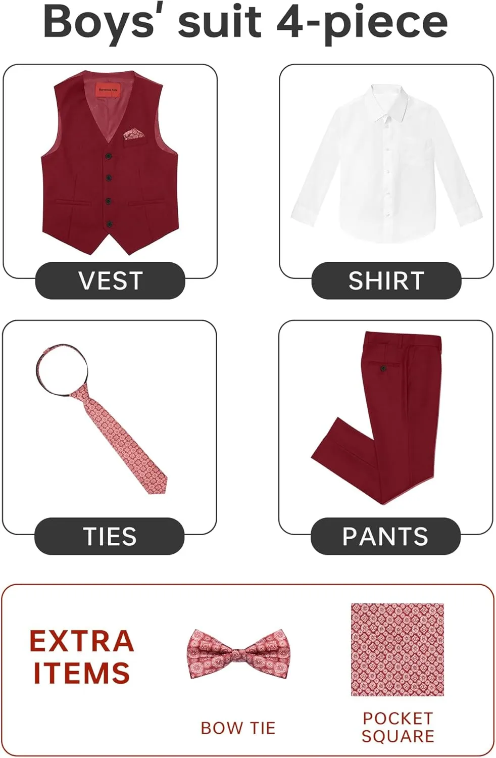 Boys' 6-Piece Formal Slim Fit Suit Set, Vest, Pants, Dress Shirt, Tie, Pocket Square, and Bow Tie