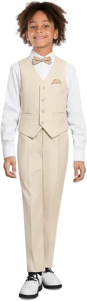 Boys' 6-Piece Formal Slim Fit Suit Set, Vest, Pants, Dress Shirt, Tie, Pocket Square, and Bow Tie