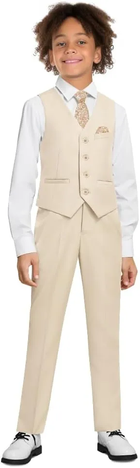 Boys' 6-Piece Formal Slim Fit Suit Set, Vest, Pants, Dress Shirt, Tie, Pocket Square, and Bow Tie