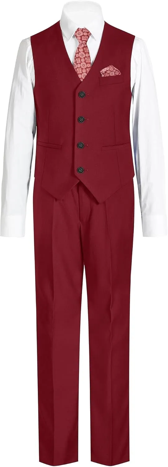 Boys' 6-Piece Formal Slim Fit Suit Set, Vest, Pants, Dress Shirt, Tie, Pocket Square, and Bow Tie