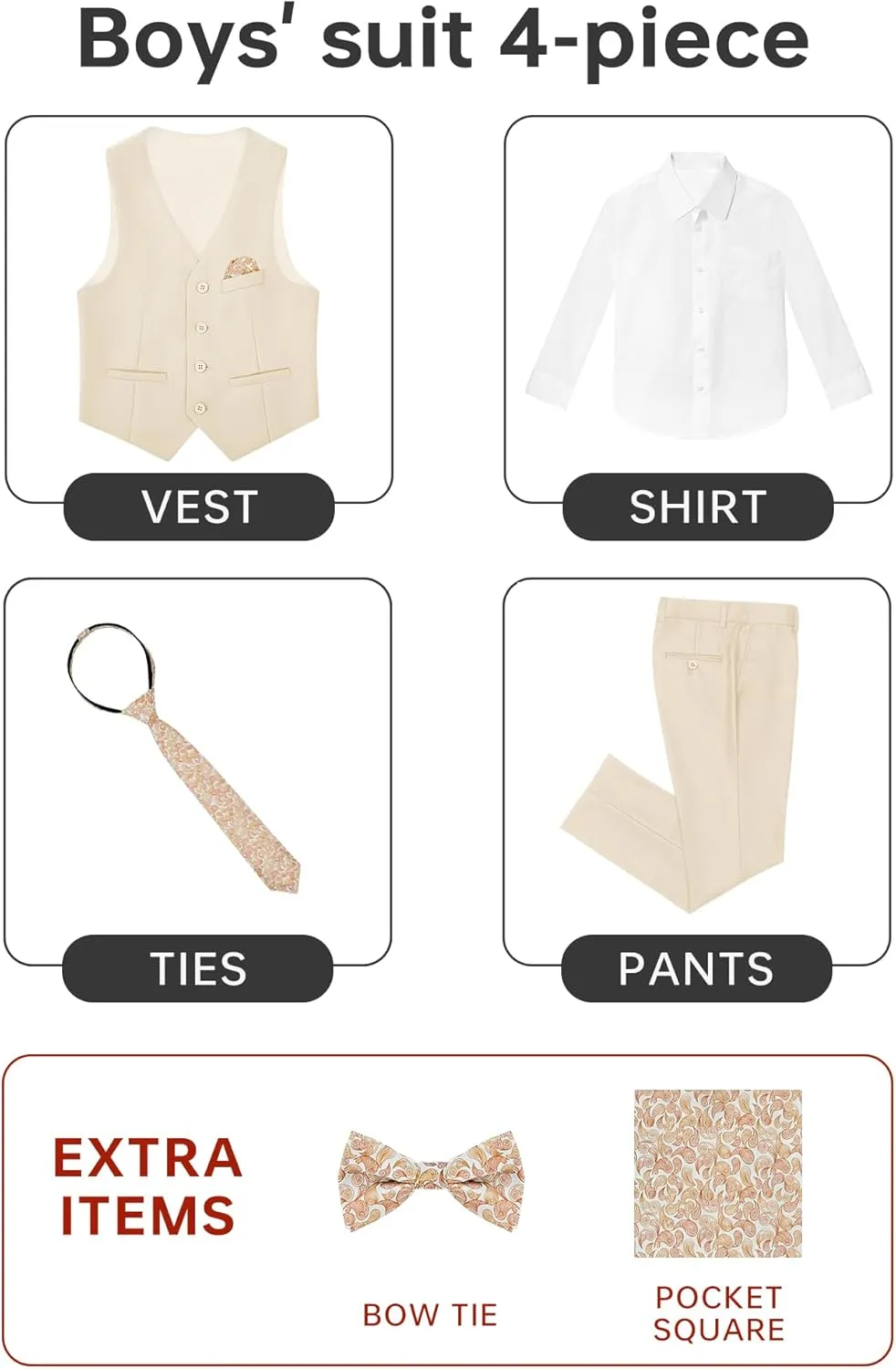 Boys' 6-Piece Formal Slim Fit Suit Set, Vest, Pants, Dress Shirt, Tie, Pocket Square, and Bow Tie