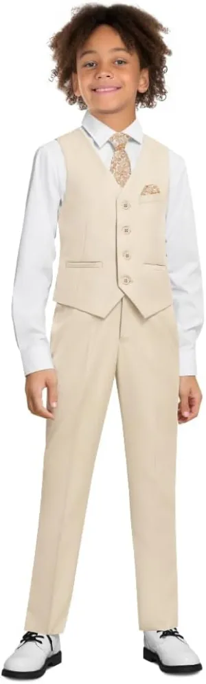 Boys' 6-Piece Formal Slim Fit Suit Set, Vest, Pants, Dress Shirt, Tie, Pocket Square, and Bow Tie