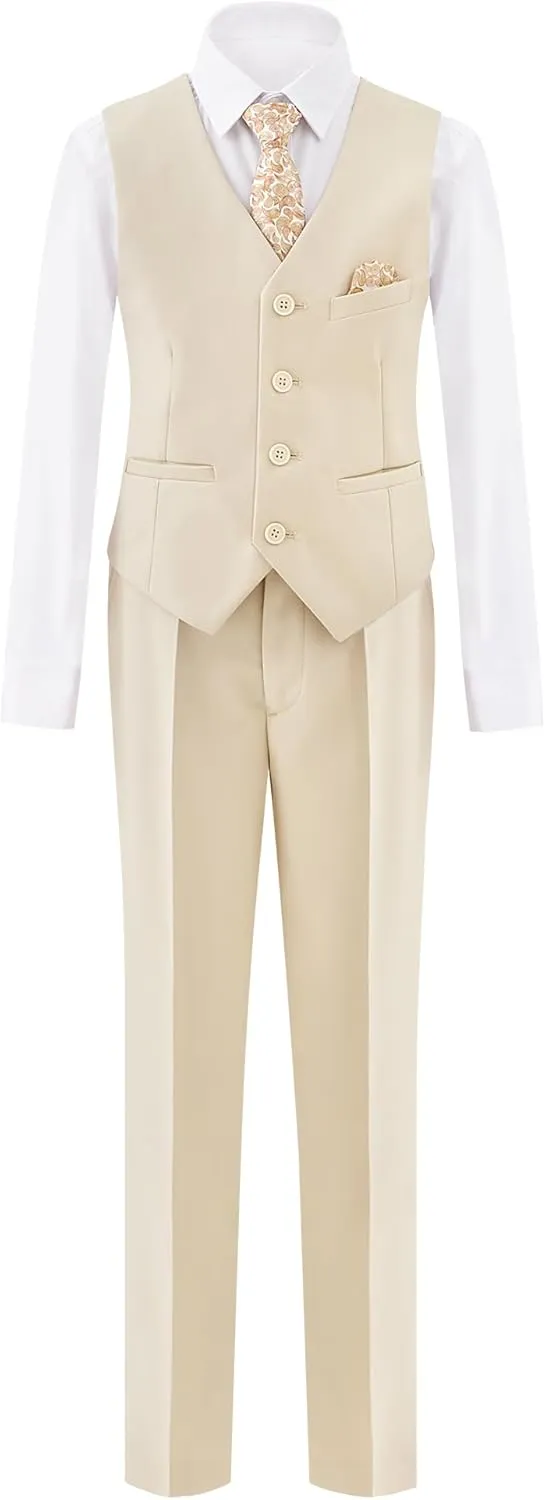 Boys' 6-Piece Formal Slim Fit Suit Set, Vest, Pants, Dress Shirt, Tie, Pocket Square, and Bow Tie