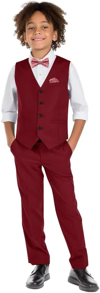 Boys' 6-Piece Formal Slim Fit Suit Set, Vest, Pants, Dress Shirt, Tie, Pocket Square, and Bow Tie