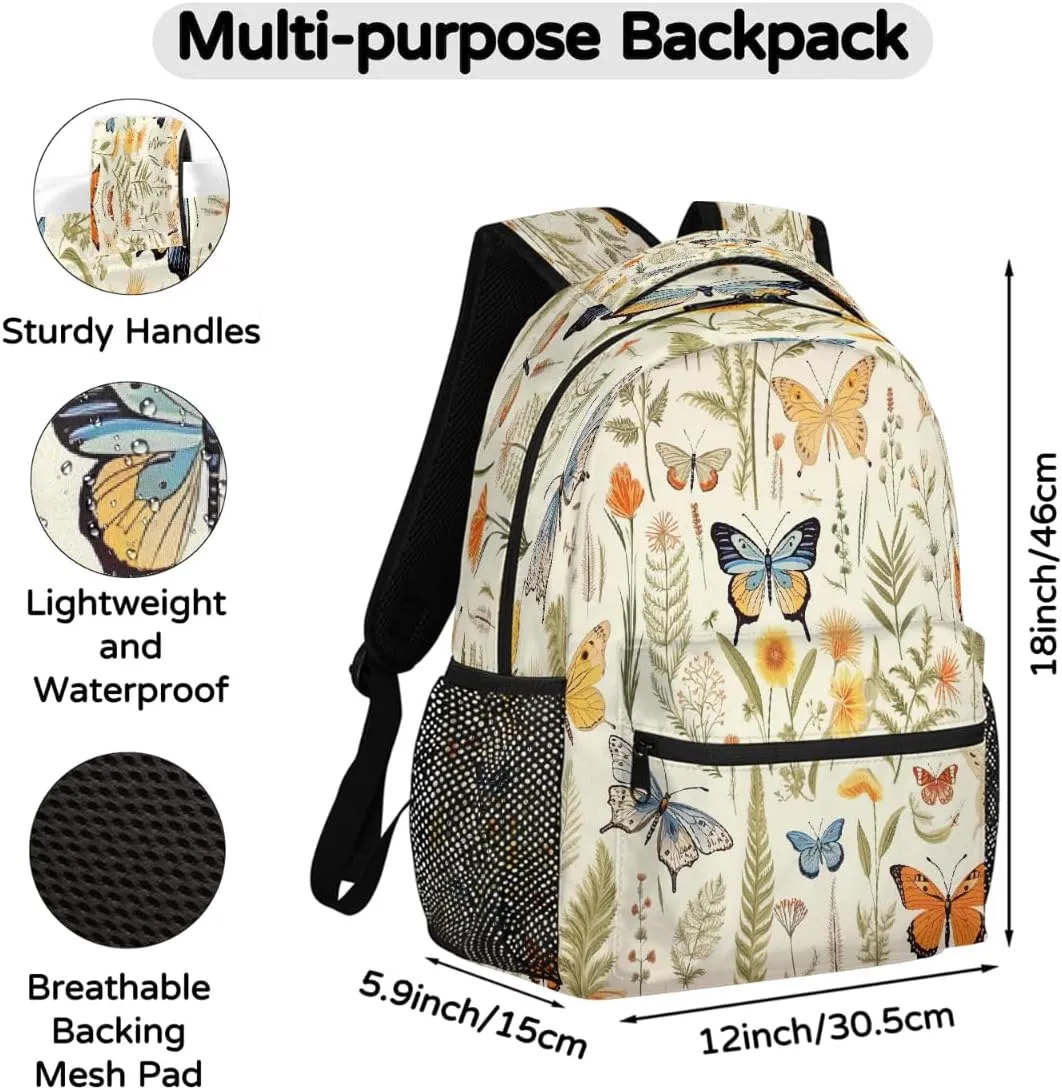 Butterfly Floral Leaves Pattern Travel Backpack, Large 16 Inch Laptop Bookbag Lightweight Carry-On Bag for Business Travel & Hiking