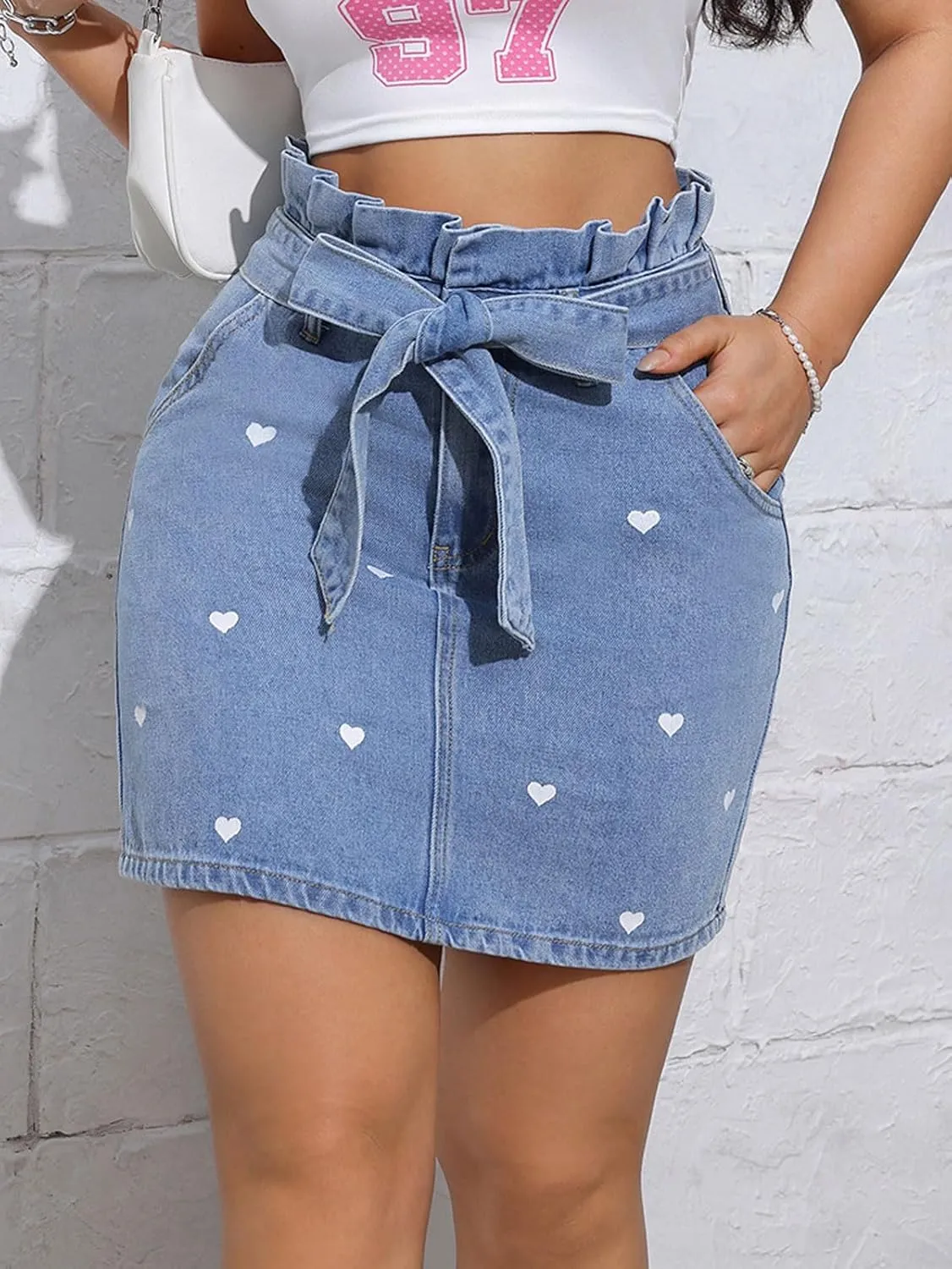 CHARTOU Women Y2k Wrap Denim Mini Skirt High Waisted Ruffle Trim Short Jean Pencil Skirt with Belt