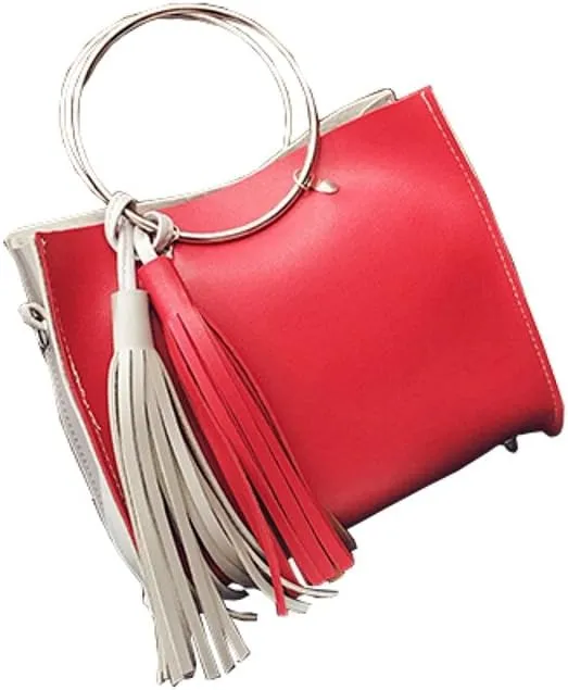 Chezi Women's Faux Leather Red White Tassel Small Tote Bag Satchel