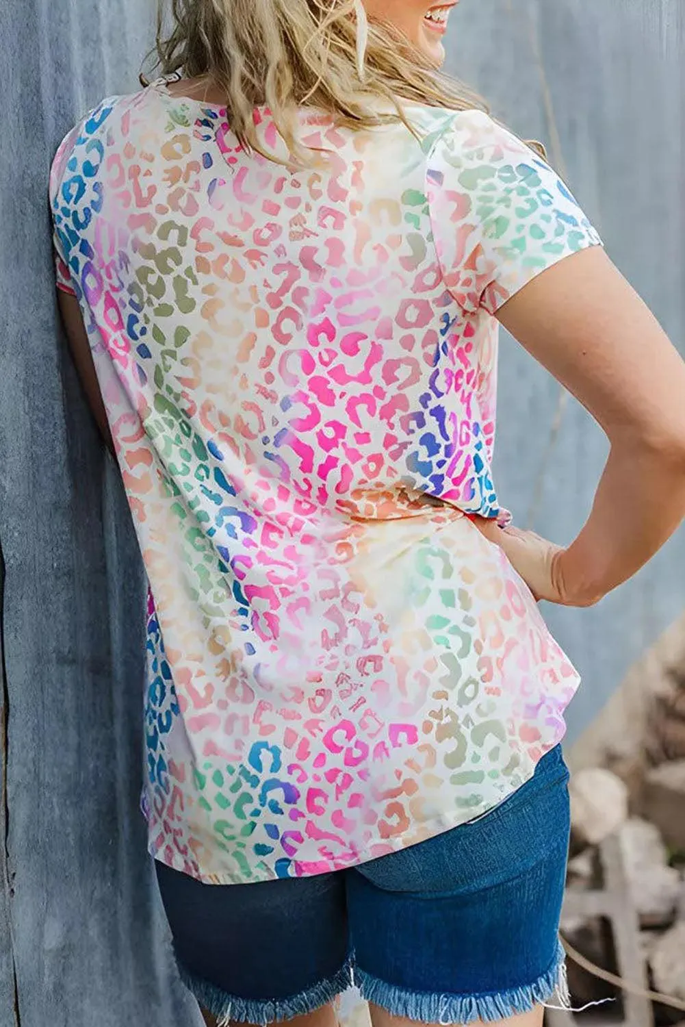 Colorful Leopard V Neck Short Sleeve Top