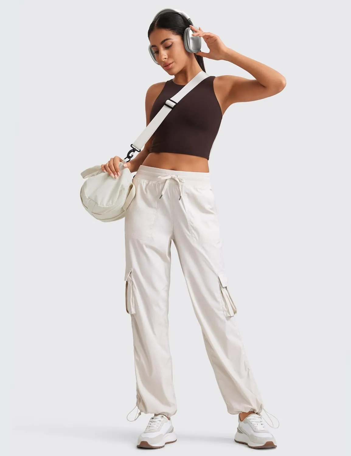 CRZ YOGA Lightweight Casual Cargo Pants for Women 30" Adjustable Ruched Straight Leg Travel Workout Athletic Hiking Joggers