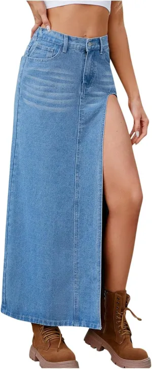 Denim Skirts for Women with Pockets Frayed Raw Hem Stretch High Waist Washed Slim Casual Long Jean Skirts with Slit