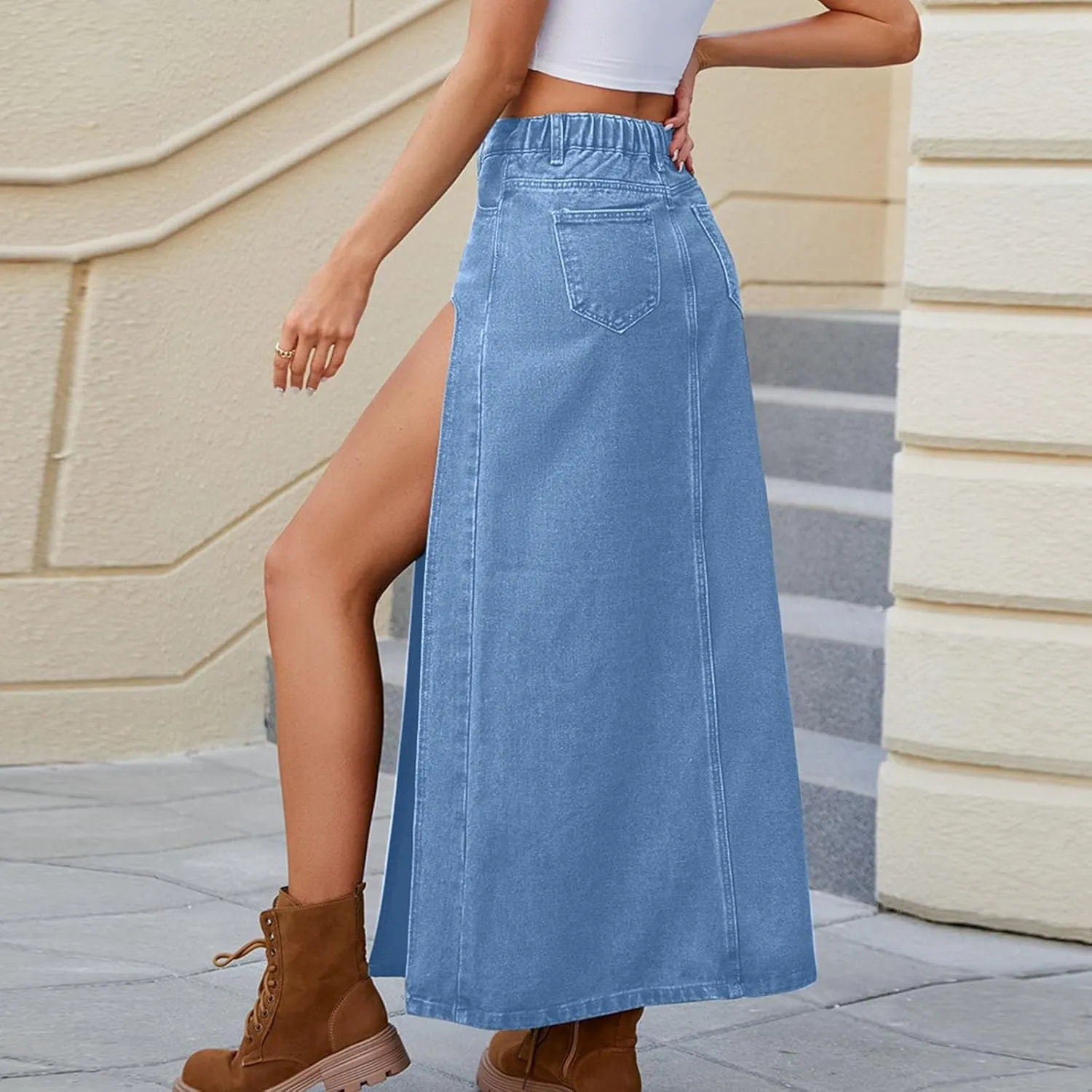 Denim Skirts for Women with Pockets Frayed Raw Hem Stretch High Waist Washed Slim Casual Long Jean Skirts with Slit