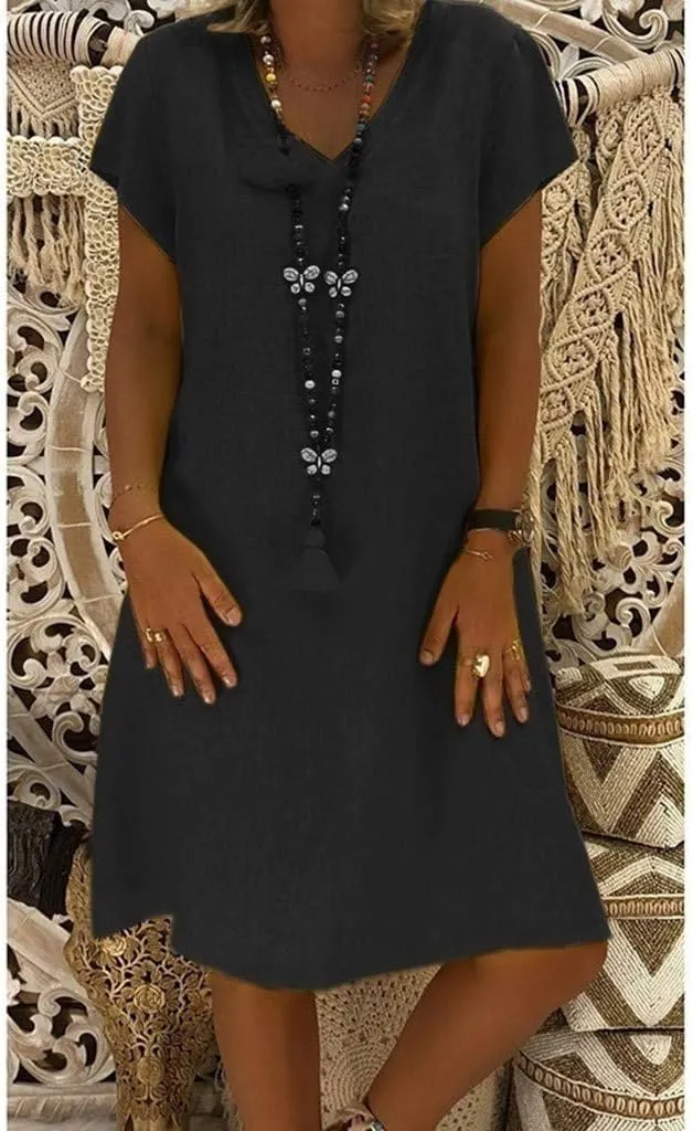 Dresses for Women 2024 Casual Summer Plus Size Short Sleeve V Neck Cotton Linen Dress Boho Beach Loose Midi Dress
