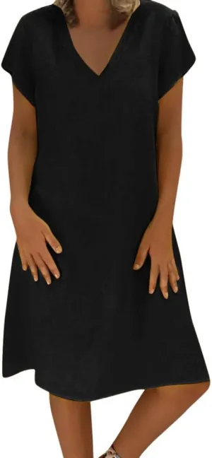 Dresses for Women 2024 Casual Summer Plus Size Short Sleeve V Neck Cotton Linen Dress Boho Beach Loose Midi Dress