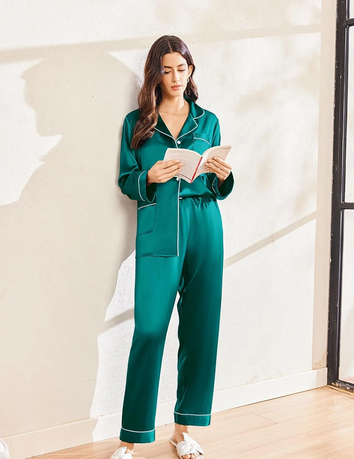 Ekouaer Silk Pajamas for Women Classic Button Down Satin Pajama Sets Long Sleeve Lounge Set