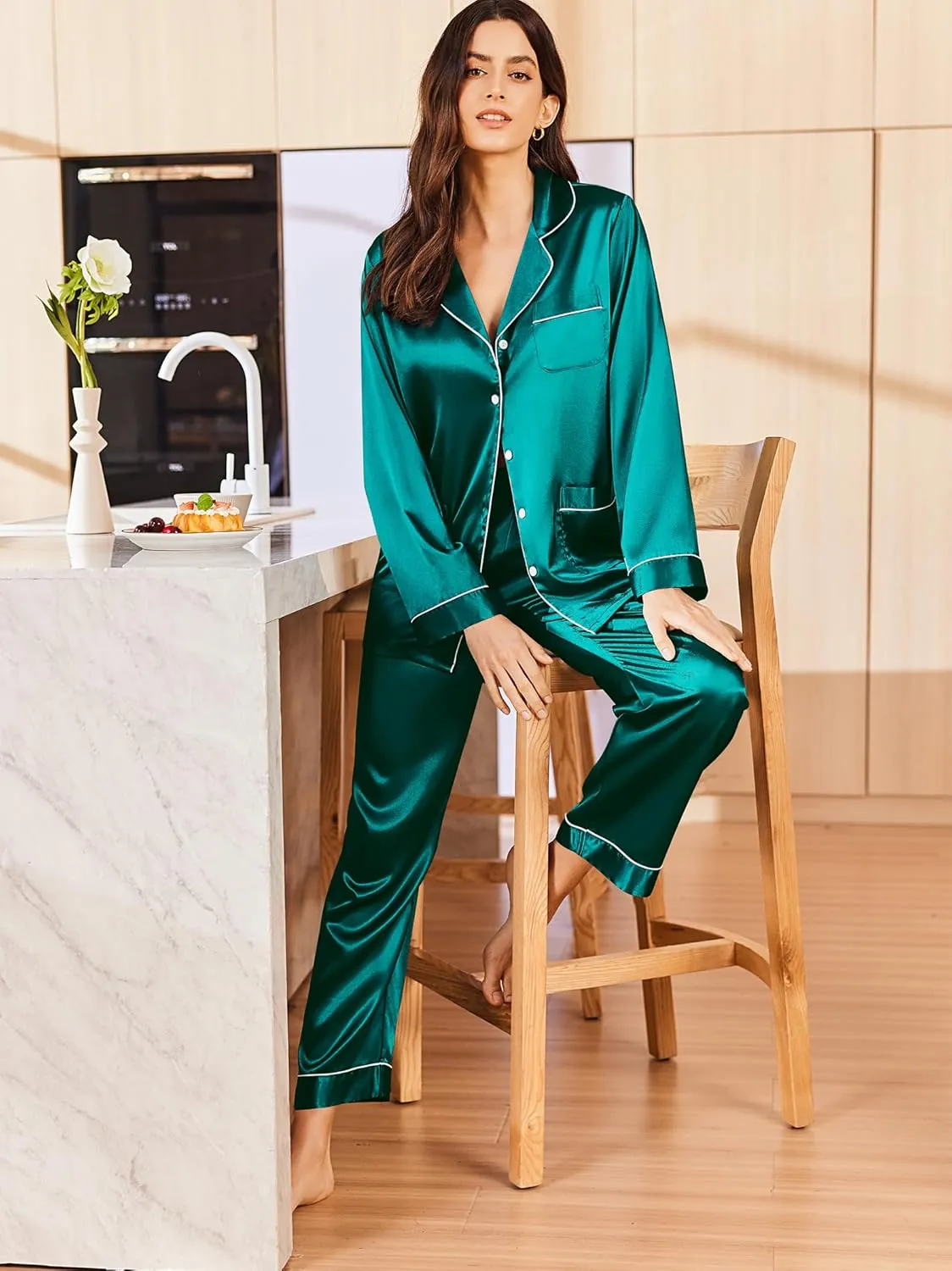 Ekouaer Silk Pajamas for Women Classic Button Down Satin Pajama Sets Long Sleeve Lounge Set