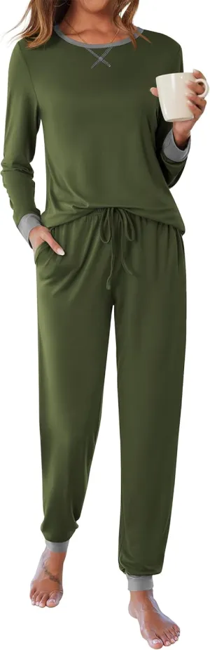 Ekouaer Women's Pajamas Sets Long Sleeve Pjs Soft Sleepwear O Neck 2 Piece Joggers Loung Set with Pockets Army Green Medium