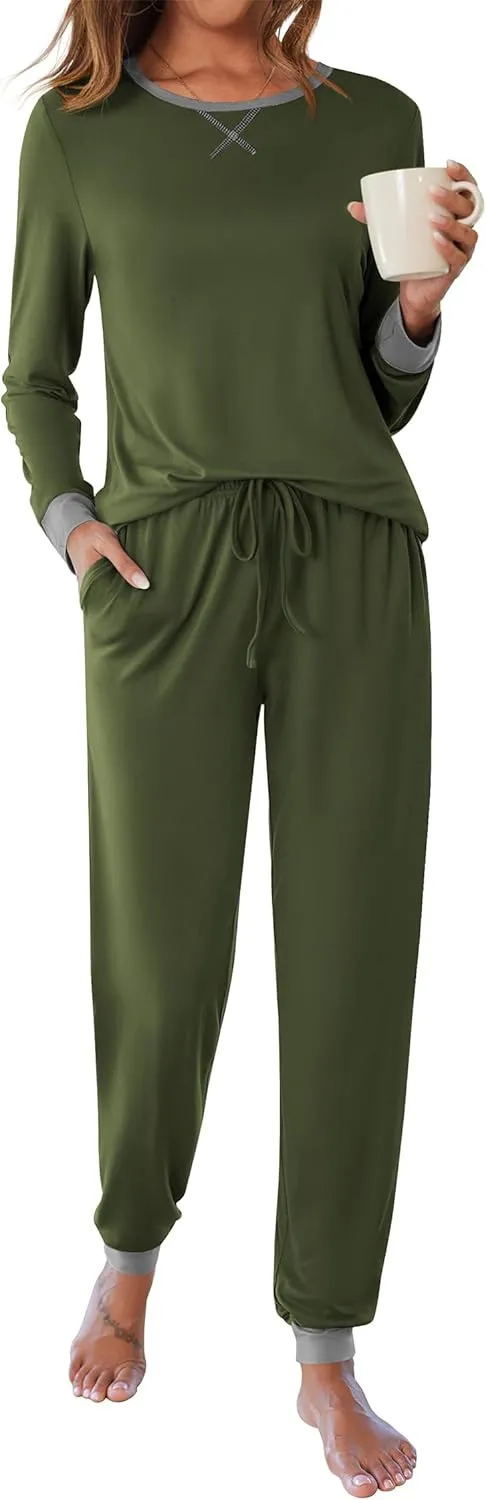 Ekouaer Women's Pajamas Sets Long Sleeve Pjs Soft Sleepwear O Neck 2 Piece Joggers Loung Set with Pockets Army Green Medium